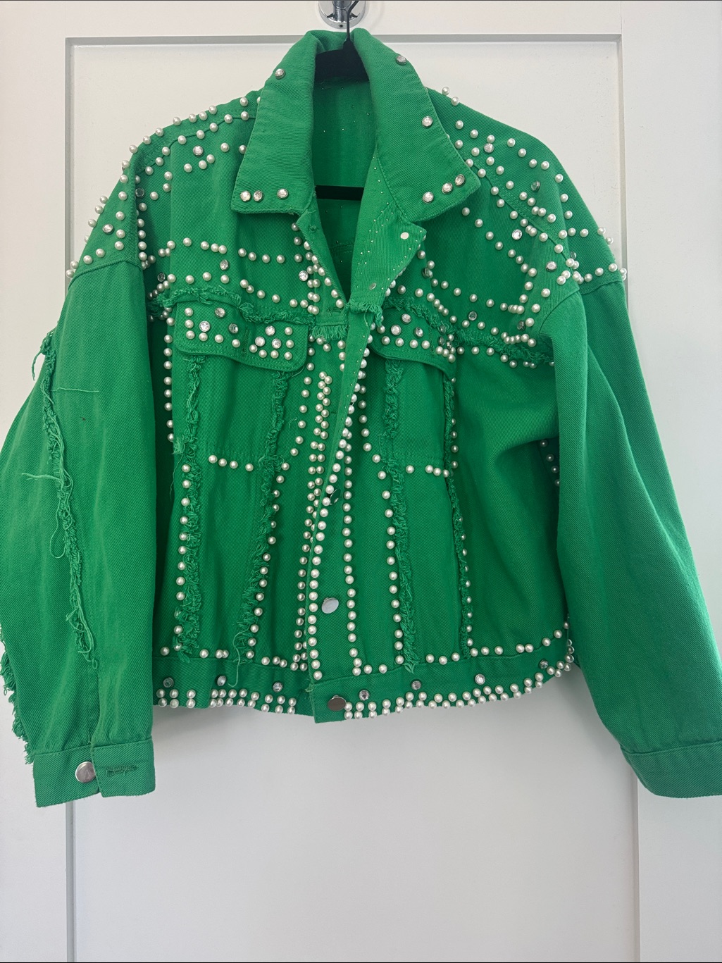 Dressed In Lala Green Pearl-Studded Jean Jacket